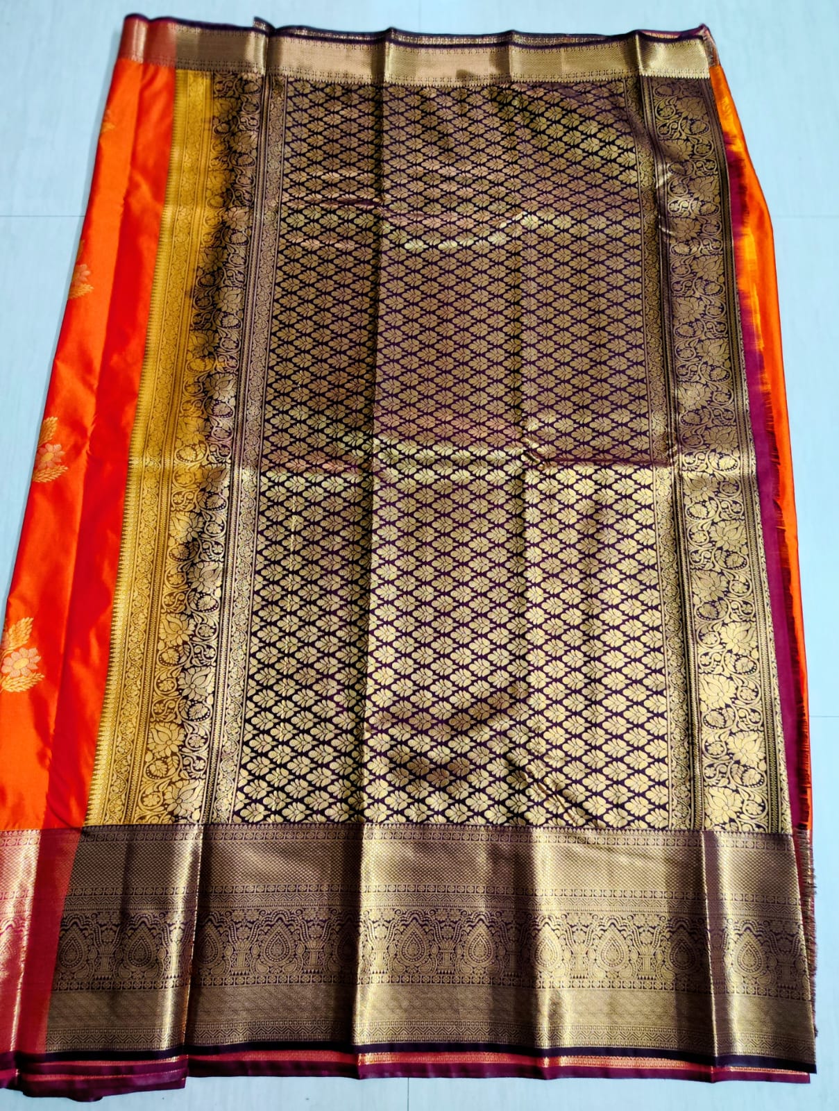 Orange & Brown Kanchipuram Semi Silk Saree with Rich Gold Zari Border