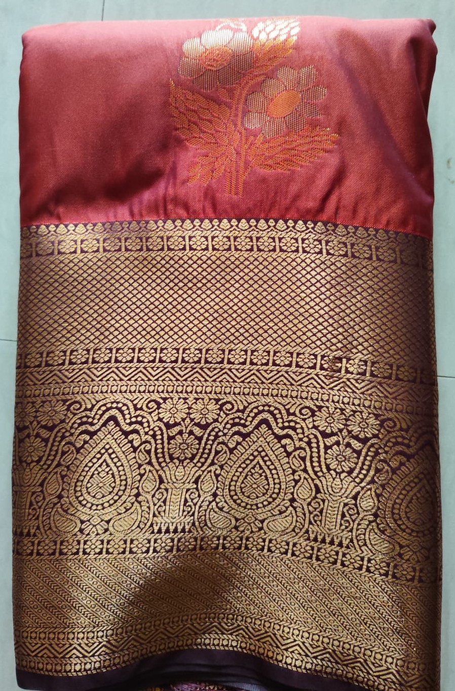Rich Rust-Maroon Kanchipuram Semi Silk Saree with Traditional Zari Border