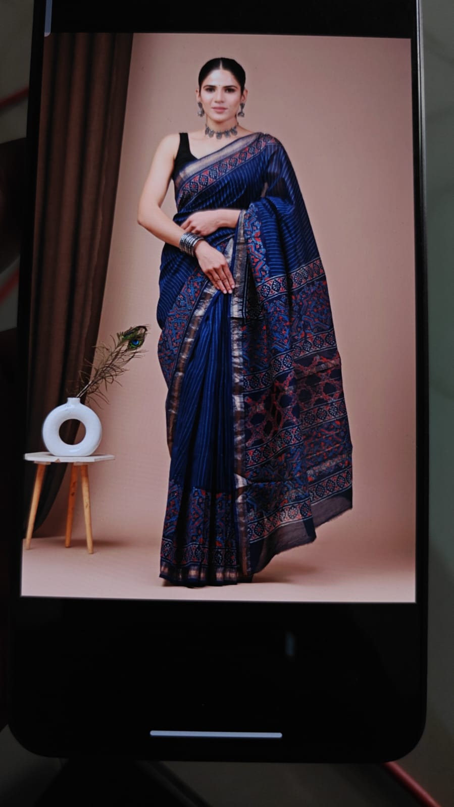 Navy Blue Ajrakh Handblock printed Maheshwari silk saree